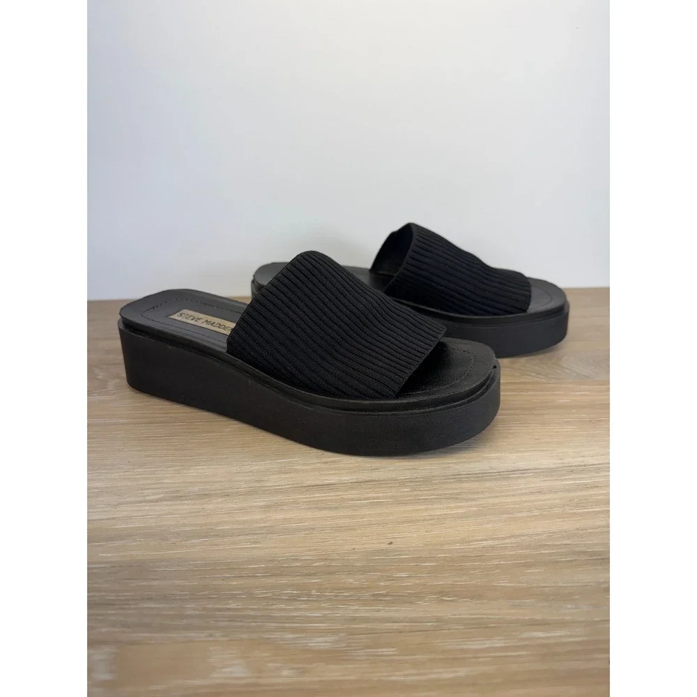 Steve Madden Platform Sandals Knit Slip On Black Vintage Y2K Retro Chunky 6.5